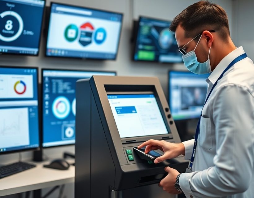 Terminal de autoservicio con protección anti-skimming instalada