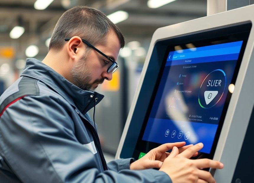 Especialista revisando la lectora de tarjetas de un terminal